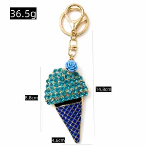Rhinestone ice cream keychain detail, blue crystal alloy key ring pendant for backpack or car.