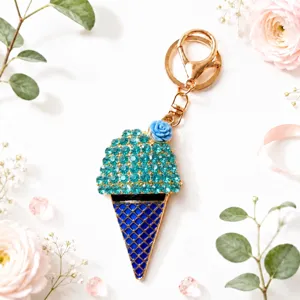 Rhinestone ice cream keychain detail, cute alloy pendant for bag, stylish car key ring charm.