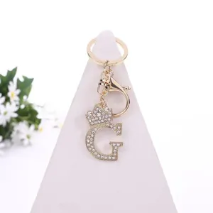 Rhinestone gold letter G keychain with crown pendant stylish bag charm for women and girls