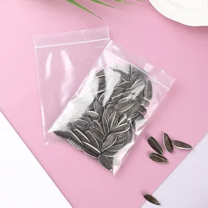 Close-up of transparent PE zip lock bag filled with sunflower seeds for storage