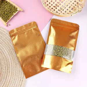 Dunkelgold Geprägte Aluminiumfolie Lebensmittelverpackungsbeutel Selbstversiegelnd Standbeutel Mit Transparentem Fenster Für Tee Nüsse Snacks Lagerung