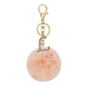 Faux rabbit fur pom pom keychain with rhinestone letter L pendant gold metal ring charm