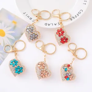 Luxe Strass Hart Bloem Metalen Sleutelhanger Voor Vrouwen Tas Hanger Charm Leuke Sleutelhanger Mode Accessoires Cadeau