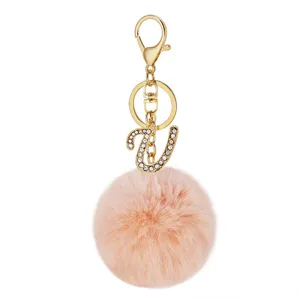 Fluffy faux rabbit fur pom pom keychain with rhinestone letter v gold alloy bag charm pendant