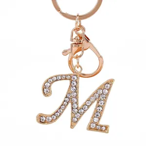 Rhinestone Letter M Keychain Gold Alloy Cursive Alphabet Bag Pendant Fashion Jewelry Gift