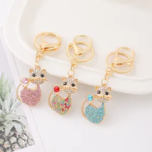 Light Luxury Cute Cat Metal Keychain Rhinestone Heart Kitten Bag Pendant Car Key Chain Fashion Jewelry Accessories Gift