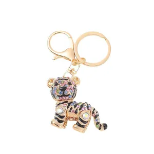 Detailed view of rhinestone tiger keychain, gold metal finish, sparkling multi-color crystals.
