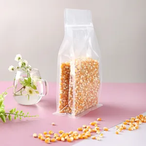 Transparenter 8-Seiten-Standbeutel mit Zipper, gefüllt mit Maiskörnern für Lebensmittel.