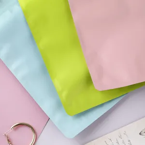 Detailansicht matter bunter Standbeutel mit Reißverschluss in Blau, Grün und Rosa