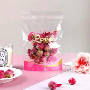 Transparenter lebensmittelechter Standbodenbeutel mit rosa Blumen und Love Design