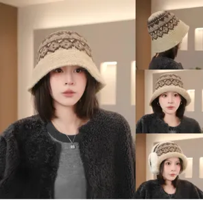 Chapeau bob en tricot de laine ethnique jacquard vintage pour femme, bonnet chaud d'hiver.