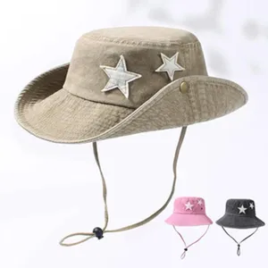 Chapeau bob vintage délavé pour femme, chapeau de soleil avec patchs étoiles et mentonnière.