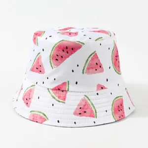 Détail de chapeau bob imprimé pastèque, joli style de chapeau de plage d'été neuf.