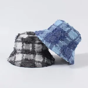 Chapeau bob à carreaux usé style japonais, chapeau de soleil denim frangé tendance femme.
