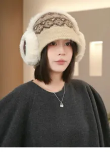 Bonnet tricoté en laine ethnique jacquard rétro avec cache-oreilles pour femme, chapeau chaud.