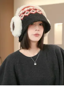 Chapeau tricot en laine jacquard ethnique retro femme hiver chaud seau peluche vintage
