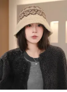 Chapeau bob en tricot jacquard vintage pour femme, bonnet de pêcheur chaud d'hiver confortable.