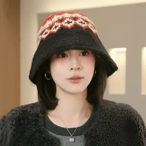 Chapeau Bassin Tricoté en Coton Jacquard Ethnique Rétro Femmes Hiver Chaud Chapeau de Pêcheur Vintage Décontracté Bucket Hat