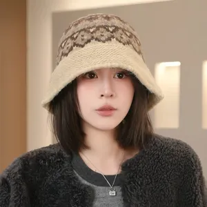 Chapeau Bob Tricoté en Laine Jacquard Vintage pour Femme Hiver Chaud Style Casual