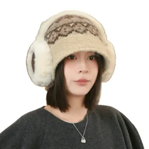 Chapeau seau en tricot jacquard vintage avec cache-oreilles duveteux, bonnet chaud d'hiver.