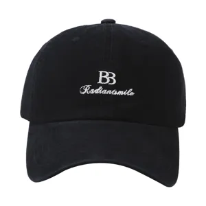 Classic black cotton baseball cap with white embroidered letters, casual outdoor fashion hat.