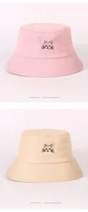Cappello da pescatore con gatto ricamato per donna, cappello da sole estivo in cotone, rosa e kaki.