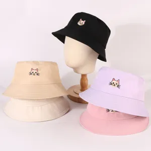 Cappello da Pescatore con Ricamo Gatto Carino da Donna Estate Casual Protezione Solare Poliestere Cappello a Secchiello Studente Coppia