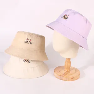 Cappello secchio ricamato con gatto carino da donna, cappello estivo casual in cotone.