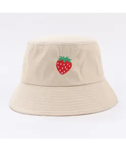Beige bucket hat with cute red strawberry embroidery, perfect summer sun protection hat for women.