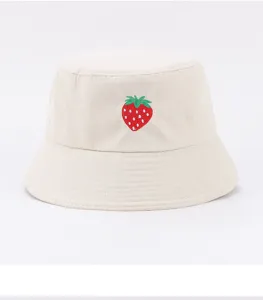 Cute embroidered strawberry bucket hat for women summer sun protection casual cotton sun hat.