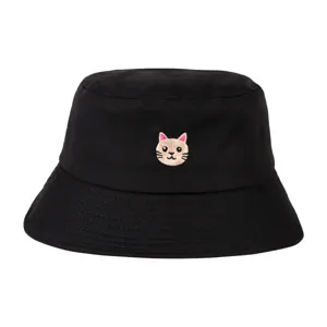 Cappello da pescatore nero con ricamo di gatto carino, cappello estivo in cotone per donna.