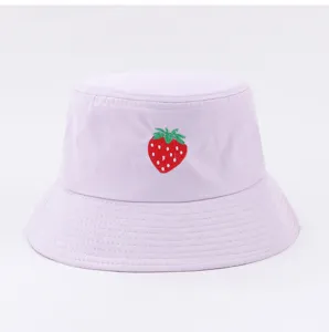 Cute embroidered strawberry bucket hat for women, summer sun protection casual beach hat.