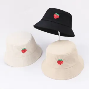 Summer sweet strawberry embroidered bucket hat for women, casual sun protection basin cap.