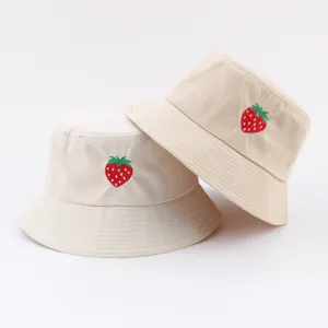Cute strawberry embroidered bucket hat for women, beige summer sun protection sun hat.