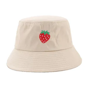 Cute embroidered strawberry bucket hat for women, summer sun protection casual beach cap.