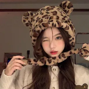 Grazioso cappello in peluche stampa leopardo orecchie d'orso, berretto caldo invernale donna.