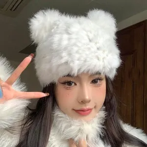 Cappello invernale caldo in pelliccia di coniglio bianco carino orecchio d'orso peluche donna