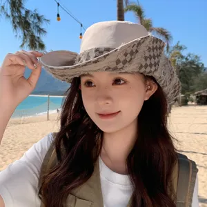 Chapeau de soleil d'été pour femme, casquette cowboy à bord à carreaux, chapeau de pêche plage.