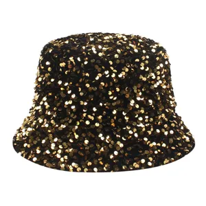 Chapeau bob à sequins dorés tendance pour femmes, chapeau de soleil streetwear brillant chic.