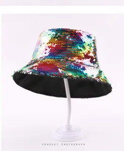 Colorful sequin bucket hat detailed view, sparkling disco party style sun hat for women.
