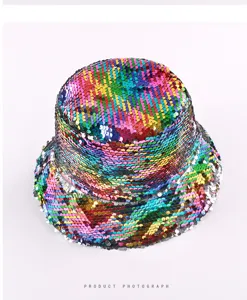 Colorful sequin bucket hat for women, sparkling disco party festival headwear and fashion cap.