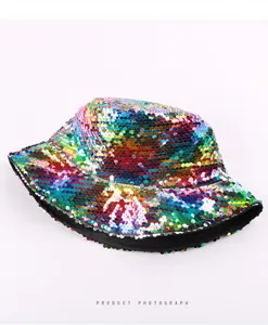 Colorful sequins bucket hat shiny disco party festival headwear casual fashion sun hat detail