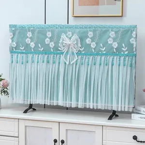 Copertura antipolvere per TV in pizzo verde con elegante ricamo floreale e fiocco per la casa.