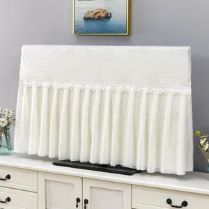 Elegant white lace TV dust cover with pleated design, beautiful home decor for LCD screen.
