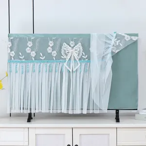 Copertura antipolvere in pizzo per TV 55-65 pollici, tessuto verde elegante con fiocco e perle.