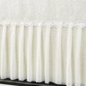 Close-up detail of white plush TV dust cover with elegant lace trim and pleated ruffles.