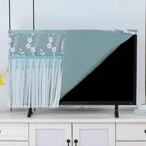 Copertura antipolvere TV in pizzo verde minimalista, elegante ricamo floreale con nappe.