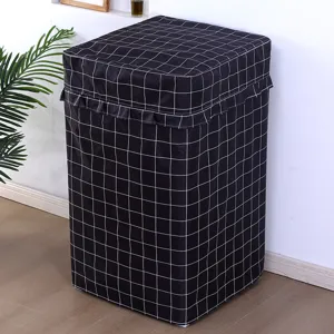 Cubierta de lavadora de rejilla blanca y negra, protector antipolvo de tela Oxford impermeable.