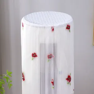 Vertical cylindrical air conditioner dust cover with elegant red floral embroidery and mesh.