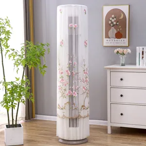 Vertical cylinder air conditioner dust cover with delicate pink floral lace embroidery design.